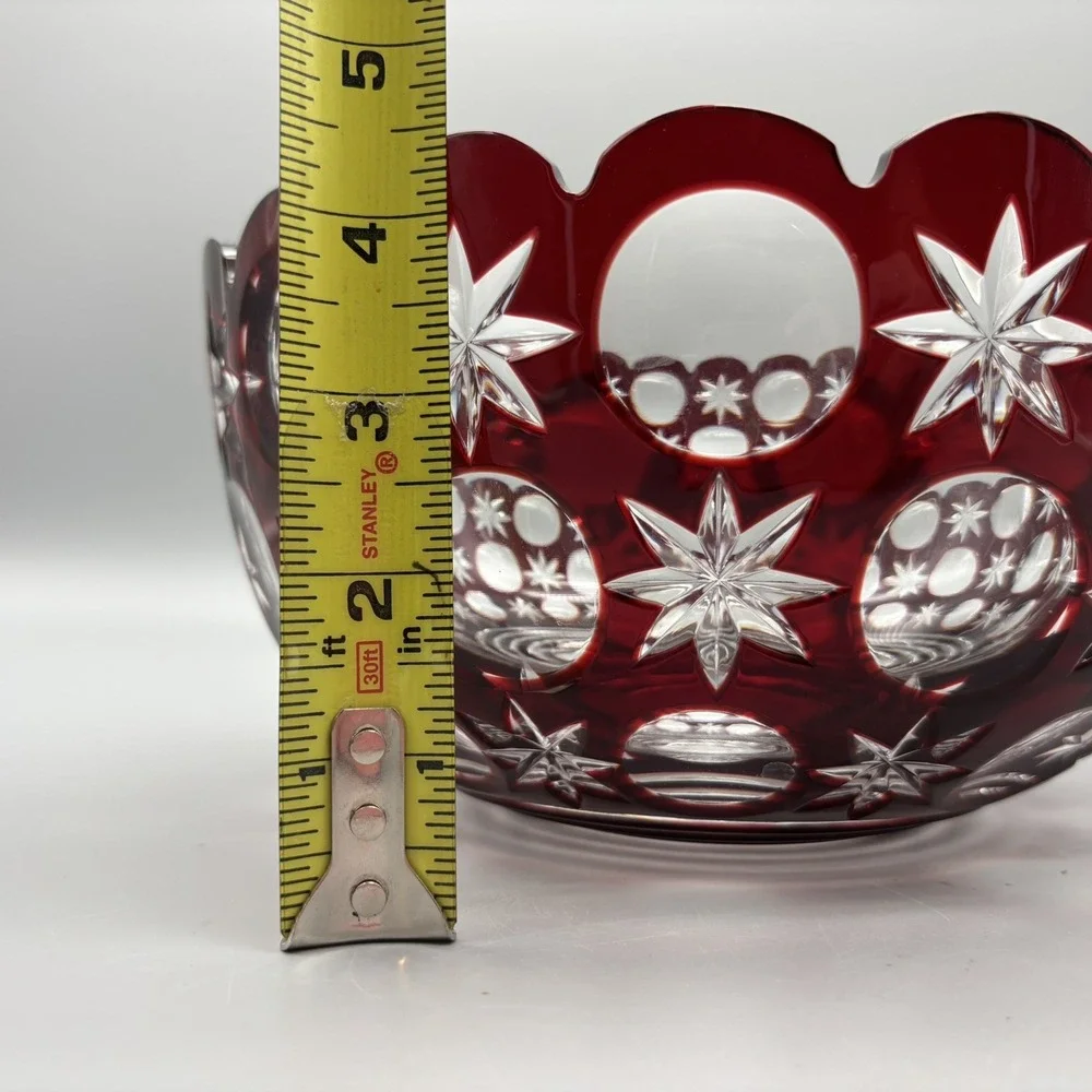 Vintage Bohemian Hand Cut Crystal Glass Ruby to‎ Clear bowl SIGNED 8.75